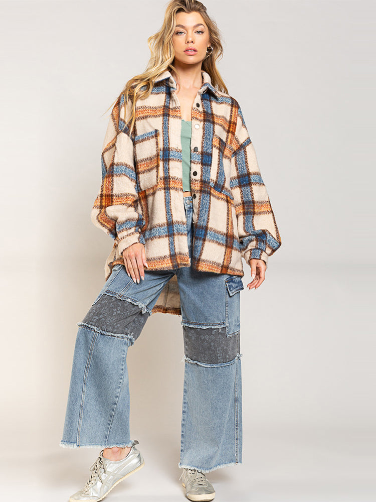 Veste longue épaisse à carreaux contrastés