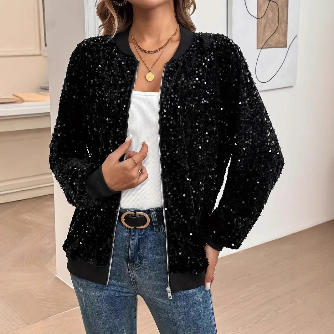Veste courte à sequins zippée casual